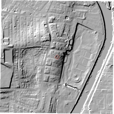 Shaded relief map of the ground around YO231JY, computed from Environment Agency LiDAR. The ground here sits at about 15 m above sea level and falls 19 m across the surrounding 800 m. Surface water reaching this point runs off ground lying to the north-west, 3.7 m higher.