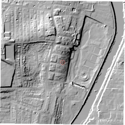 Shaded relief map of the ground around YO231JZ, computed from Environment Agency LiDAR. The ground here sits at about 14 m above sea level and falls 19 m across the surrounding 800 m. Surface water reaching this point runs off ground lying to the west-north-west, 3.8 m higher.