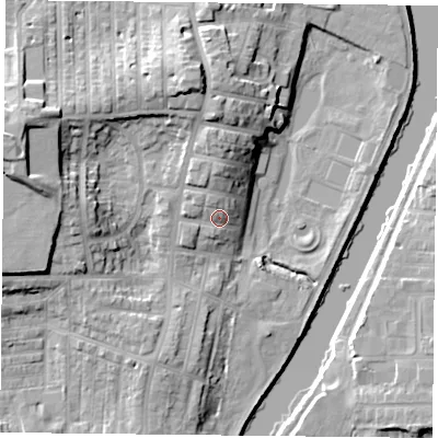 Shaded relief map of the ground around YO231LB, computed from Environment Agency LiDAR. The ground here sits at about 13 m above sea level and falls 20 m across the surrounding 800 m. Surface water reaching this point runs off ground lying to the north-north-west, 3.3 m higher.