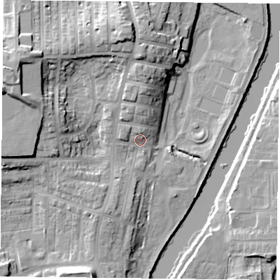 Shaded relief map of the ground around YO231LE, computed from Environment Agency LiDAR. The ground here sits at about 11 m above sea level and falls 20 m across the surrounding 800 m. Surface water reaching this point runs off ground lying to the west-north-west, 14.3 m higher.