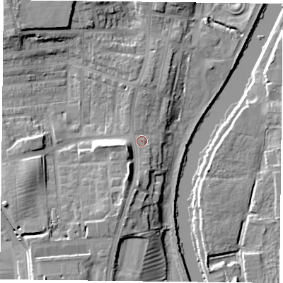 Shaded relief map of the ground around YO231LG, computed from Environment Agency LiDAR. The ground here sits at about 13 m above sea level and falls 15 m across the surrounding 800 m. Surface water reaching this point runs off ground lying to the north-west, 10.0 m higher.