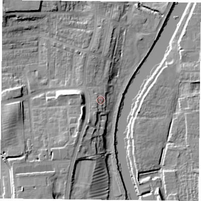 Shaded relief map of the ground around YO231LN, computed from Environment Agency LiDAR. The ground here sits at about 12 m above sea level and falls 15 m across the surrounding 800 m. Surface water reaching this point runs off ground lying to the north-west, 9.8 m higher.