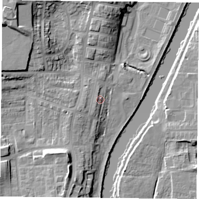 Shaded relief map of the ground around YO231LR, computed from Environment Agency LiDAR. The ground here sits at about 12 m above sea level and falls 20 m across the surrounding 800 m. Surface water reaching this point runs off ground lying to the south-south-west, 3.0 m higher.