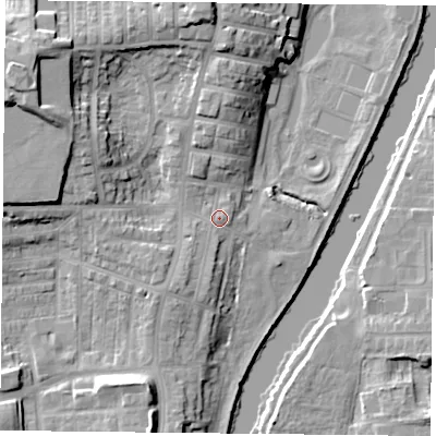 Shaded relief map of the ground around YO231LS, computed from Environment Agency LiDAR. The ground here sits at about 11 m above sea level and falls 20 m across the surrounding 800 m. Surface water reaching this point runs off ground lying to the south-south-west, 3.6 m higher.