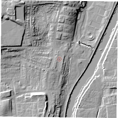 Shaded relief map of the ground around YO231LT, computed from Environment Agency LiDAR. The ground here sits at about 12 m above sea level and falls 20 m across the surrounding 800 m. Surface water reaching this point runs off ground lying to the south-west, 2.9 m higher.