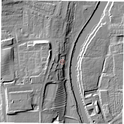 Shaded relief map of the ground around YO231LX, computed from Environment Agency LiDAR. The ground here sits at about 11 m above sea level and falls 14 m across the surrounding 800 m. Surface water reaching this point runs off ground lying to the south-west, 6.2 m higher.