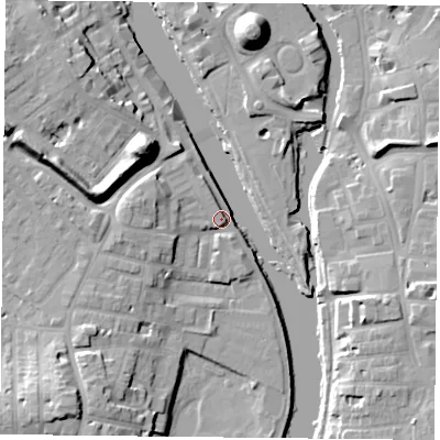 Shaded relief map of the ground around YO231PH, computed from Environment Agency LiDAR. The ground here sits at about 10 m above sea level and falls 19 m across the surrounding 800 m. Surface water reaching this point runs off ground lying to the south-west, 16.0 m higher.