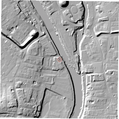 Shaded relief map of the ground around YO231PL, computed from Environment Agency LiDAR. The ground here sits at about 9 m above sea level and falls 19 m across the surrounding 800 m. Surface water reaching this point runs off ground lying to the west-north-west, 6.4 m higher.