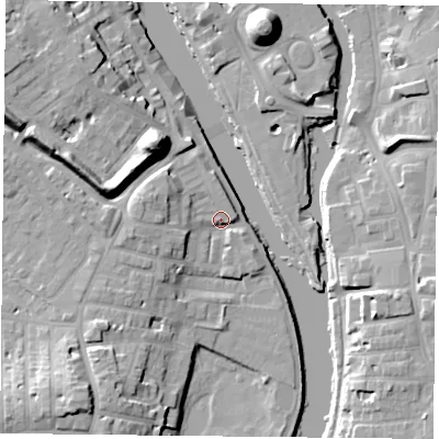 Shaded relief map of the ground around YO231PN, computed from Environment Agency LiDAR. The ground here sits at about 10 m above sea level and falls 19 m across the surrounding 800 m. Surface water reaching this point runs off ground lying to the west-north-west, 6.4 m higher.
