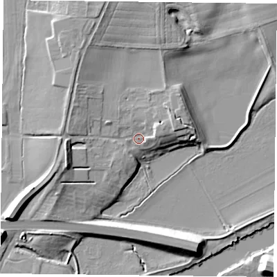Shaded relief map of the ground around YO232AA, computed from Environment Agency LiDAR. The ground here sits at about 10 m above sea level and falls 13 m across the surrounding 800 m. Surface water reaching this point runs off ground lying to the west, 5.9 m higher.