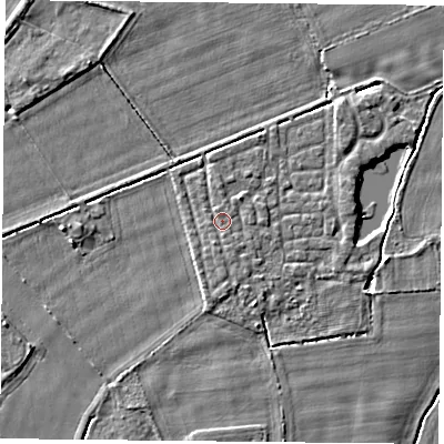 Shaded relief map of the ground around YO232AB, computed from Environment Agency LiDAR. The ground here sits at about 10 m above sea level and falls 3 m across the surrounding 800 m. Surface water reaching this point runs off ground lying to the south, 0.7 m higher.