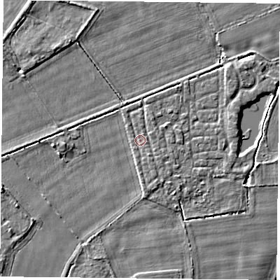 Shaded relief map of the ground around YO232AD, computed from Environment Agency LiDAR. The ground here sits at about 10 m above sea level and falls 3 m across the surrounding 800 m. Surface water reaching this point runs off ground lying to the south-south-east, 1.0 m higher.
