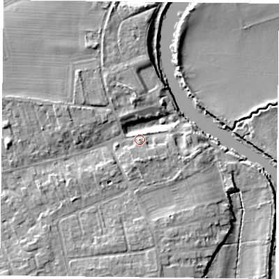Shaded relief map of the ground around YO232GF, computed from Environment Agency LiDAR. The ground here sits at about 10 m above sea level and falls 6 m across the surrounding 800 m. Surface water reaching this point runs off ground lying to the south-south-east, 4.5 m higher.