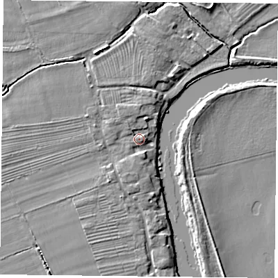 Shaded relief map of the ground around YO232LX, computed from Environment Agency LiDAR. The ground here sits at about 9 m above sea level and falls 7 m across the surrounding 800 m. Surface water reaching this point runs off ground lying to the south-west, 2.1 m higher.