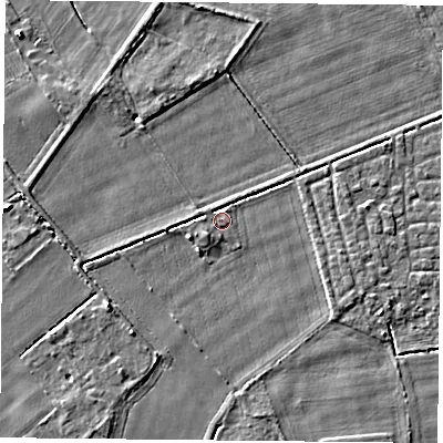 Shaded relief map of the ground around YO232PL, computed from Environment Agency LiDAR. The ground here sits at about 9 m above sea level and falls 3 m across the surrounding 800 m. Surface water reaching this point runs off ground lying to the south-west, 0.9 m higher.