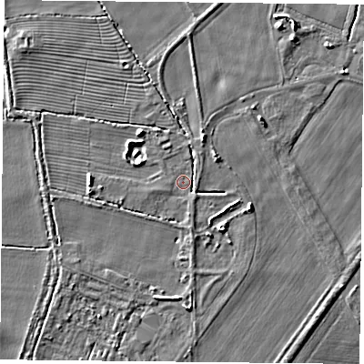 Shaded relief map of the ground around YO232PT, computed from Environment Agency LiDAR. The ground here sits at about 9 m above sea level and falls 5 m across the surrounding 800 m. Surface water reaching this point runs off ground lying to the west, 3.8 m higher.