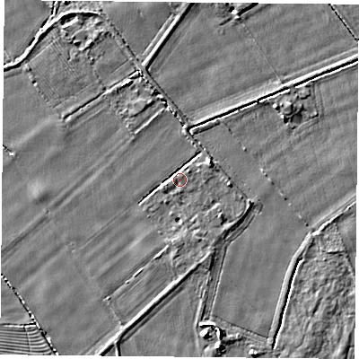 Shaded relief map of the ground around YO232PU, computed from Environment Agency LiDAR. The ground here sits at about 10 m above sea level and falls 4 m across the surrounding 800 m. Surface water reaching this point runs off ground lying to the east-north-east, 2.7 m higher.