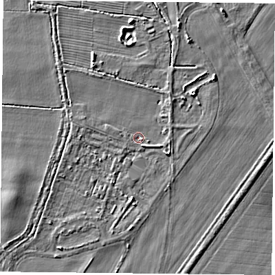 Shaded relief map of the ground around YO232PW, computed from Environment Agency LiDAR. The ground here sits at about 9 m above sea level and falls 4 m across the surrounding 800 m. Surface water reaching this point runs off ground lying to the east-south-east, 2.9 m higher.