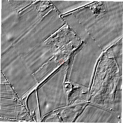 Shaded relief map of the ground around YO232PY, computed from Environment Agency LiDAR. The ground here sits at about 10 m above sea level and falls 4 m across the surrounding 800 m. Surface water reaching this point runs off ground lying to the east-north-east, 0.6 m higher.