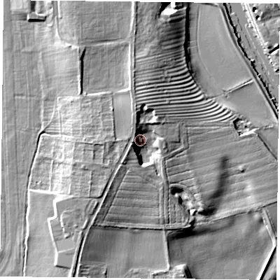 Shaded relief map of the ground around YO232QA, computed from Environment Agency LiDAR. The ground here sits at about 13 m above sea level and falls 11 m across the surrounding 800 m. Surface water reaching this point runs off ground lying to the west-south-west, 4.8 m higher.