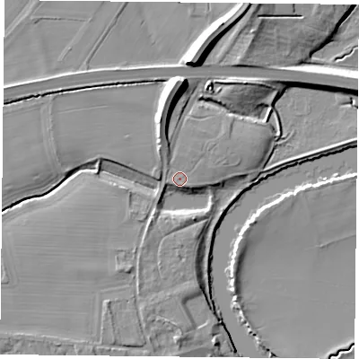 Shaded relief map of the ground around YO232QD, computed from Environment Agency LiDAR. The ground here sits at about 10 m above sea level and falls 13 m across the surrounding 800 m. Surface water reaching this point runs off ground lying to the north, 10.2 m higher.