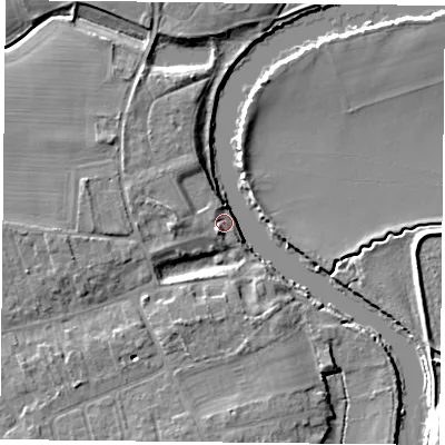 Shaded relief map of the ground around YO232QE, computed from Environment Agency LiDAR. The ground here sits at about 9 m above sea level and falls 6 m across the surrounding 800 m. Surface water reaching this point runs off ground lying to the south-south-west, 5.9 m higher.