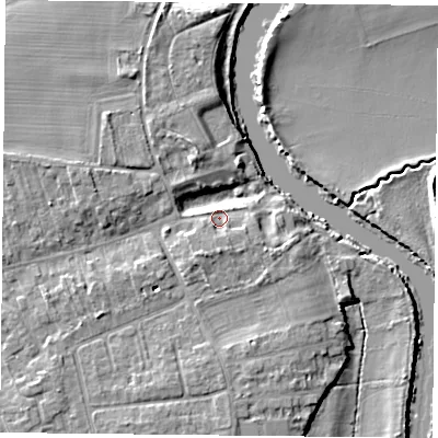Shaded relief map of the ground around YO232QF, computed from Environment Agency LiDAR. The ground here sits at about 9 m above sea level and falls 6 m across the surrounding 800 m. Surface water reaching this point runs off ground lying to the south, 1.9 m higher.