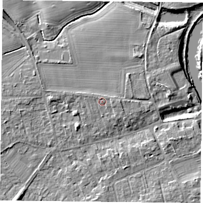 Shaded relief map of the ground around YO232QG, computed from Environment Agency LiDAR. The ground here sits at about 11 m above sea level and falls 8 m across the surrounding 800 m. Surface water reaching this point runs off ground lying to the north-north-west, 0.9 m higher.