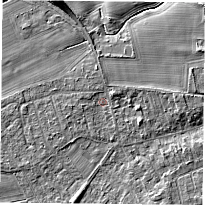 Shaded relief map of the ground around YO232QH, computed from Environment Agency LiDAR. The ground here sits at about 10 m above sea level and falls 8 m across the surrounding 800 m. Surface water reaching this point runs off ground lying to the north-east, 2.0 m higher.
