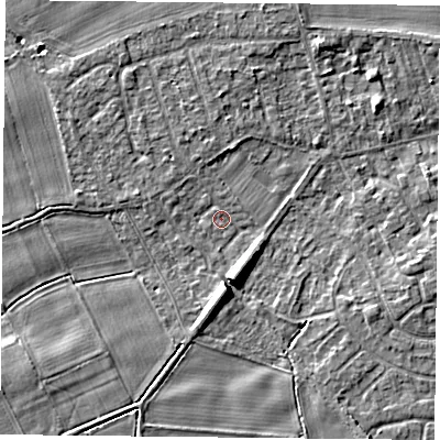 Shaded relief map of the ground around YO232QP, computed from Environment Agency LiDAR. The ground here sits at about 9 m above sea level and falls 7 m across the surrounding 800 m. Surface water reaching this point runs off ground lying to the south-south-east, 6.4 m higher.