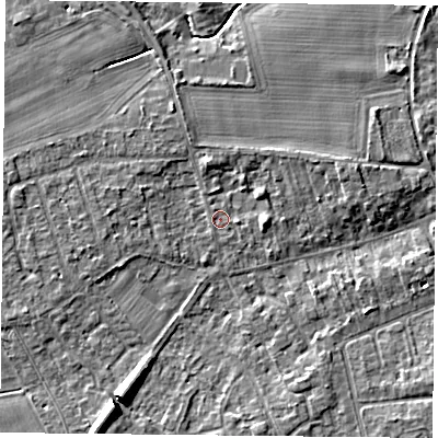 Shaded relief map of the ground around YO232QQ, computed from Environment Agency LiDAR. The ground here sits at about 10 m above sea level and falls 8 m across the surrounding 800 m. Surface water reaching this point runs off ground lying to the north, 2.0 m higher.