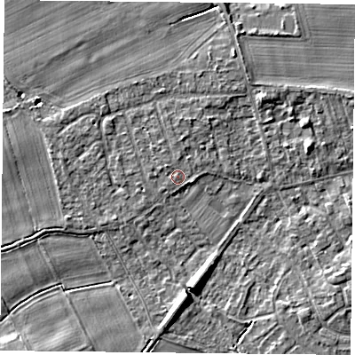Shaded relief map of the ground around YO232QR, computed from Environment Agency LiDAR. The ground here sits at about 10 m above sea level and falls 7 m across the surrounding 800 m. Surface water reaching this point runs off ground lying to the north-west, 0.6 m higher.