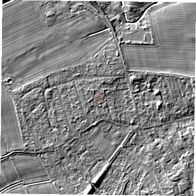 Shaded relief map of the ground around YO232QS, computed from Environment Agency LiDAR. The ground here sits at about 10 m above sea level and falls 8 m across the surrounding 800 m. Surface water reaching this point runs off ground lying to the north-north-west, 0.8 m higher.