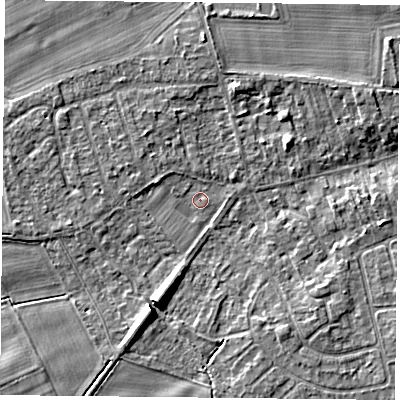 Shaded relief map of the ground around YO232QT, computed from Environment Agency LiDAR. The ground here sits at about 9 m above sea level and falls 7 m across the surrounding 800 m. Surface water reaching this point runs off ground lying to the south-south-west, 6.5 m higher.