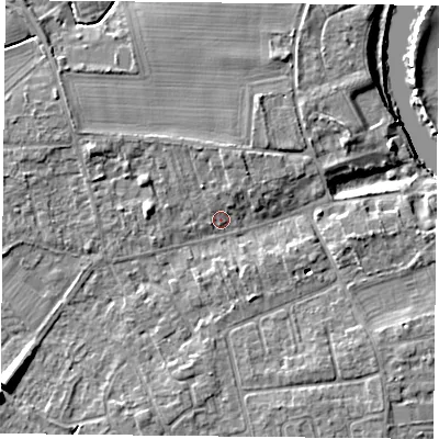 Shaded relief map of the ground around YO232RA, computed from Environment Agency LiDAR. The ground here sits at about 10 m above sea level and falls 10 m across the surrounding 800 m. Surface water reaching this point runs off ground lying to the south-west, 6.8 m higher.