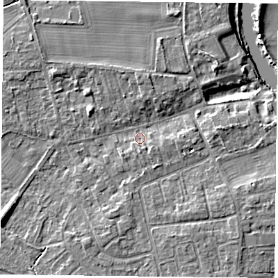 Shaded relief map of the ground around YO232RB, computed from Environment Agency LiDAR. The ground here sits at about 9 m above sea level and falls 10 m across the surrounding 800 m. Surface water reaching this point runs off ground lying to the south-west, 1.6 m higher.