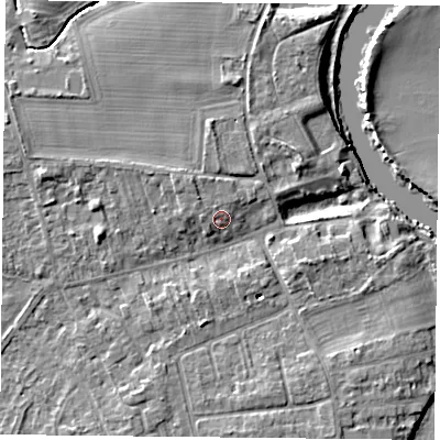 Shaded relief map of the ground around YO232RD, computed from Environment Agency LiDAR. The ground here sits at about 10 m above sea level and falls 6 m across the surrounding 800 m. Surface water reaching this point runs off ground lying to the west, 1.4 m higher.