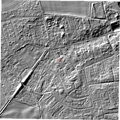 Shaded relief map of the ground around YO232RE, computed from Environment Agency LiDAR. The ground here sits at about 10 m above sea level and falls 9 m across the surrounding 800 m. Surface water reaching this point runs off ground lying to the south, 2.1 m higher.
