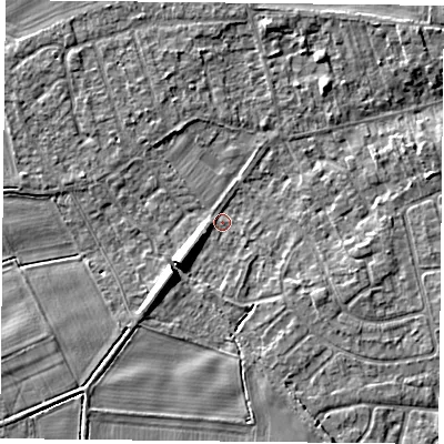 Shaded relief map of the ground around YO232RF, computed from Environment Agency LiDAR. The ground here sits at about 9 m above sea level and falls 7 m across the surrounding 800 m. Surface water reaching this point runs off ground lying to the south-west, 6.8 m higher.