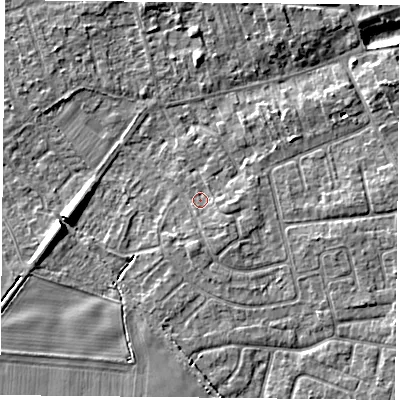 Shaded relief map of the ground around YO232RG, computed from Environment Agency LiDAR. The ground here sits at about 10 m above sea level and falls 9 m across the surrounding 800 m. Surface water reaching this point runs off ground lying to the south-east, 1.7 m higher.