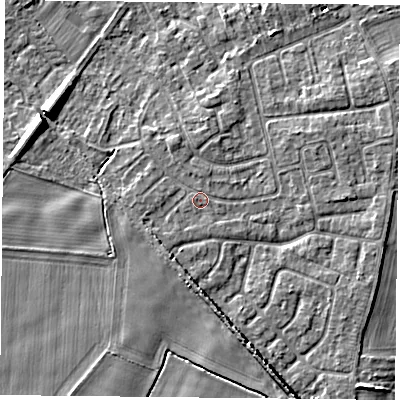 Shaded relief map of the ground around YO232RJ, computed from Environment Agency LiDAR. The ground here sits at about 10 m above sea level and falls 7 m across the surrounding 800 m. Surface water reaching this point runs off ground lying to the south-west, 1.0 m higher.