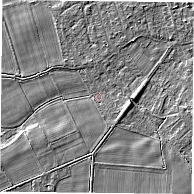 Shaded relief map of the ground around YO232RR, computed from Environment Agency LiDAR. The ground here sits at about 9 m above sea level and falls 7 m across the surrounding 800 m. Surface water reaching this point runs off ground lying to the east-south-east, 6.6 m higher.