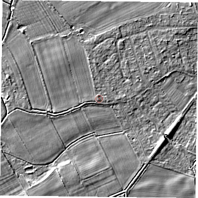 Shaded relief map of the ground around YO232RS, computed from Environment Agency LiDAR. The ground here sits at about 10 m above sea level and falls 8 m across the surrounding 800 m. Surface water reaching this point runs off ground lying to the north-north-west, 0.7 m higher.
