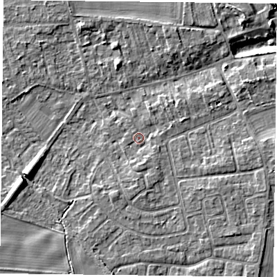 Shaded relief map of the ground around YO232RU, computed from Environment Agency LiDAR. The ground here sits at about 10 m above sea level and falls 10 m across the surrounding 800 m. Surface water reaching this point runs off ground lying to the south-south-east, 1.4 m higher.