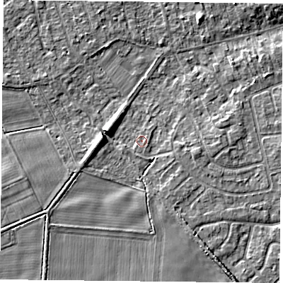 Shaded relief map of the ground around YO232RX, computed from Environment Agency LiDAR. The ground here sits at about 10 m above sea level and falls 7 m across the surrounding 800 m. Surface water reaching this point runs off ground lying to the south-south-east, 1.8 m higher.
