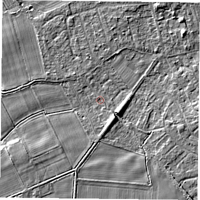 Shaded relief map of the ground around YO232RY, computed from Environment Agency LiDAR. The ground here sits at about 9 m above sea level and falls 7 m across the surrounding 800 m. Surface water reaching this point runs off ground lying to the south-east, 1.0 m higher.
