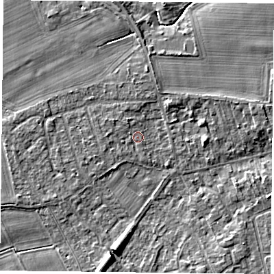 Shaded relief map of the ground around YO232RZ, computed from Environment Agency LiDAR. The ground here sits at about 10 m above sea level and falls 8 m across the surrounding 800 m. Surface water reaching this point runs off ground lying to the north-north-west, 1.1 m higher.