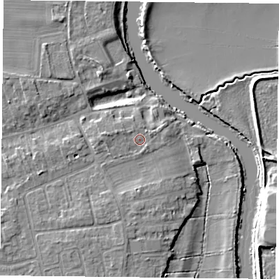 Shaded relief map of the ground around YO232SB, computed from Environment Agency LiDAR. The ground here sits at about 10 m above sea level and falls 7 m across the surrounding 800 m. Surface water reaching this point runs off ground lying to the east-north-east, 1.1 m higher.