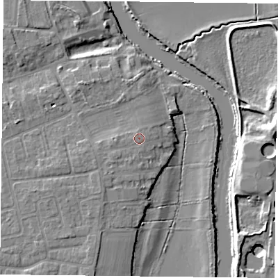 Shaded relief map of the ground around YO232SD, computed from Environment Agency LiDAR. The ground here sits at about 11 m above sea level and falls 11 m across the surrounding 800 m. Surface water reaching this point runs off ground lying to the south-west, 0.9 m higher.