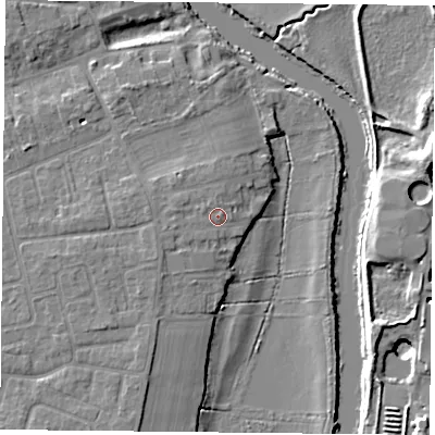 Shaded relief map of the ground around YO232SE, computed from Environment Agency LiDAR. The ground here sits at about 11 m above sea level and falls 11 m across the surrounding 800 m. Surface water reaching this point runs off ground lying to the west, 1.0 m higher.
